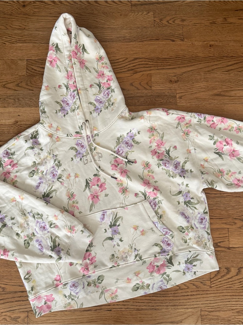 LoveShackFancy x GAP Cream Hoodie with Pink & Lavender Floral Print